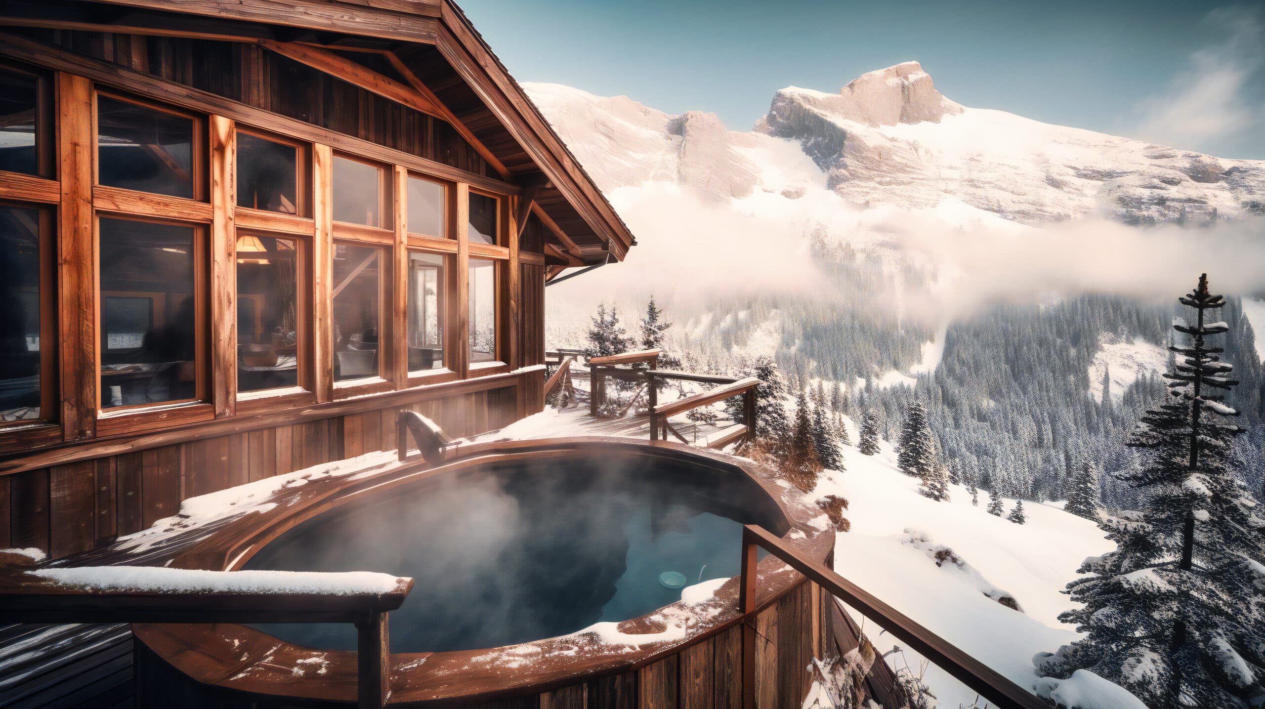 A captivating image of a luxurious mountain lodge with a steamy hot tub, offering the ultimate escape in a serene alpine setting
