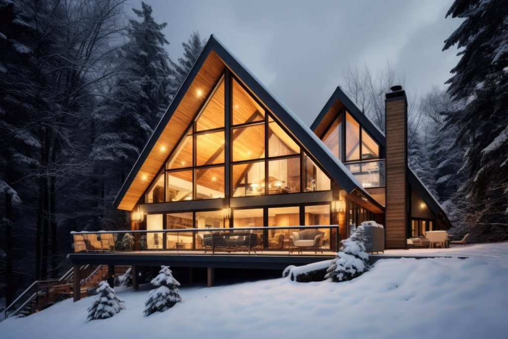 A cozy mountain modern chalet covered in snow