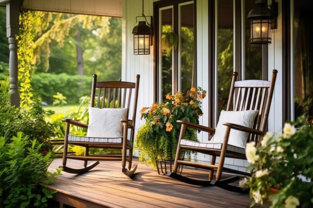 Two traditional wooden rocking chairs with white cushions on a cozy porch, nestled among lush greenery and vibrant orange flowers, invite relaxation in a peaceful outdoor setting.