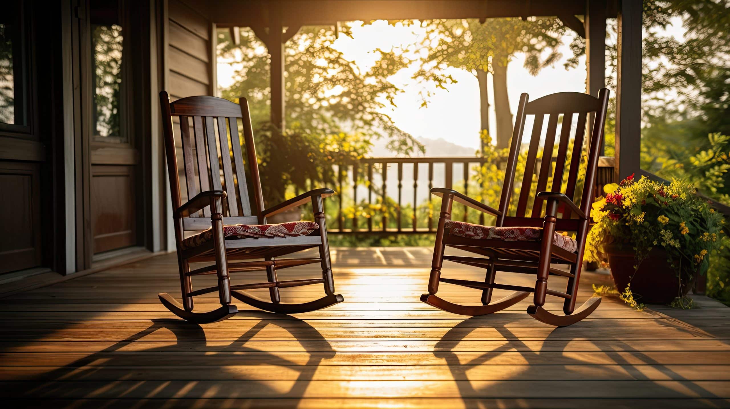 Two wooden rocking chairs on a porch, basking in the warm glow of a setting sun, embody the serene comfort of decks and porches designed for relaxation and tranquility. A potted arrangement of colorful flowers adds life to the scene.